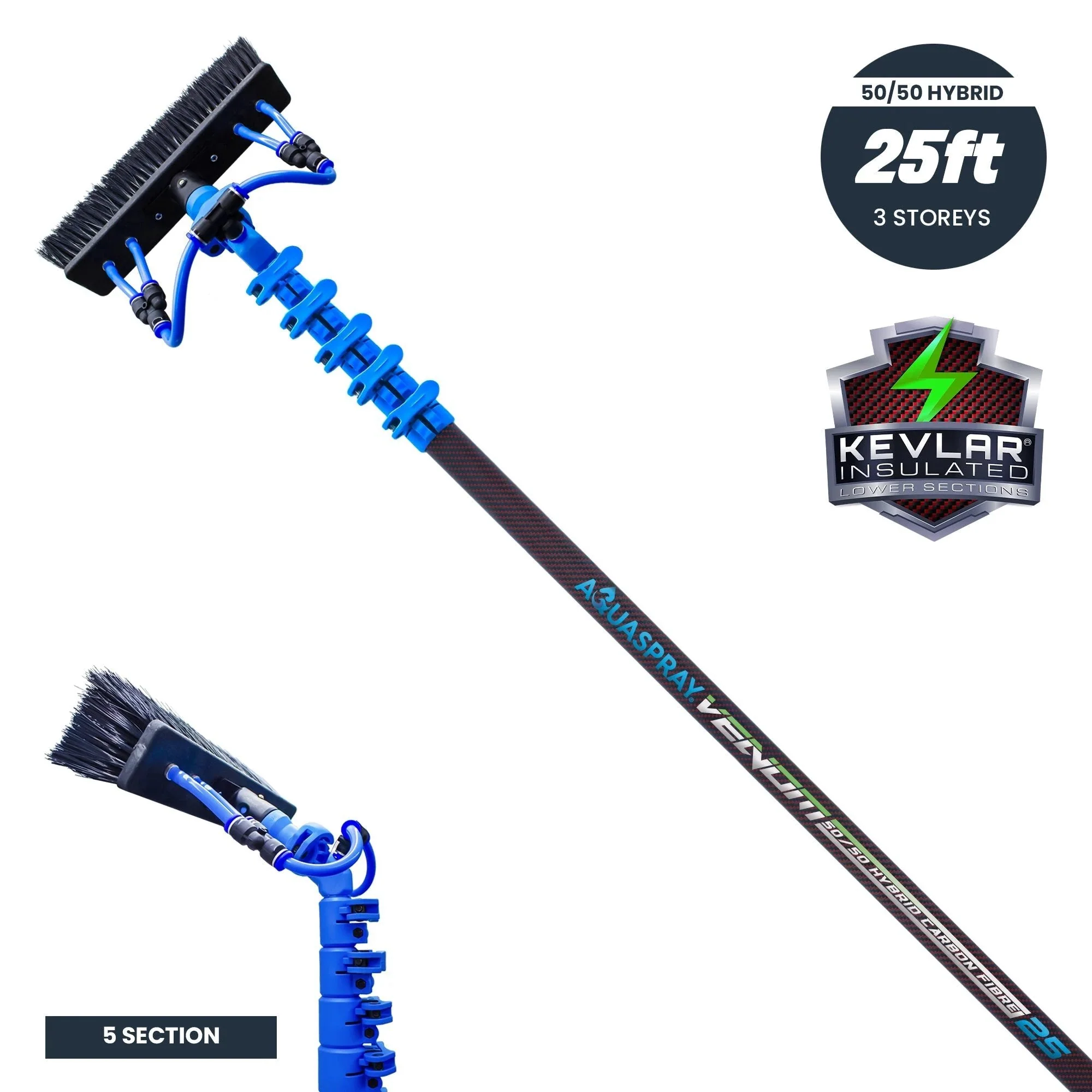 Aquaspray Venom 25ft Hybrid 50% Carbon, 50% Fiberglass Waterfed Window Cleaning Pole – 5 Sections