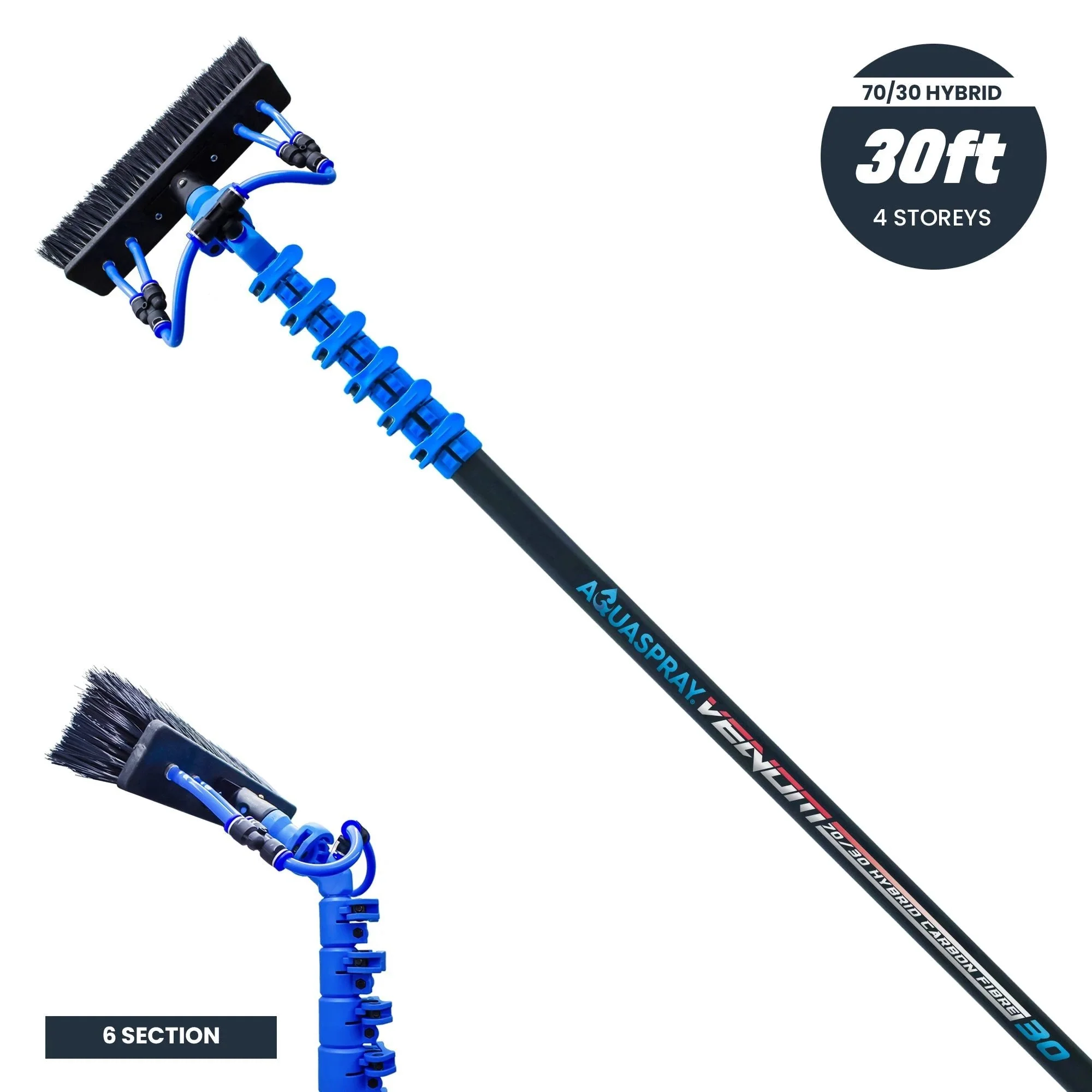Aquaspray Venom 30ft Hybrid 70% Carbon, 30% Fiberglass Waterfed Window Cleaning Pole – 6 Sections
