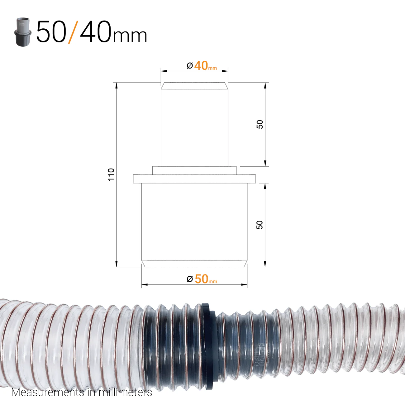 Dust Extraction Hose Reducer – 50 mm (2") to 40, 38 or 30 mm - Image 2
