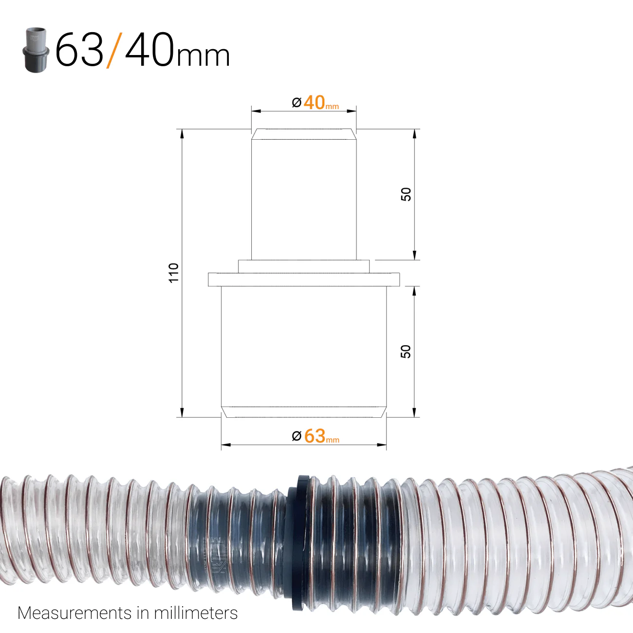 Dust Extraction Hose Reducer – 63 mm (2.5") to 50/45/40/38 mm - Image 4