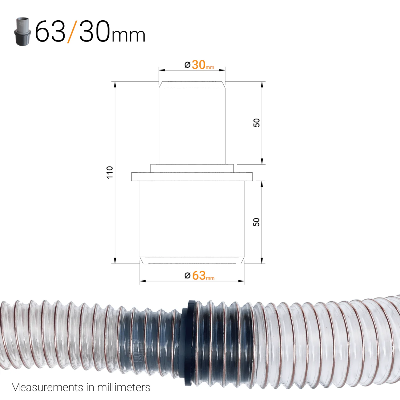 Dust Extraction Hose Reducer – 63 mm (2.5") to 50/45/40/38 mm - Image 6