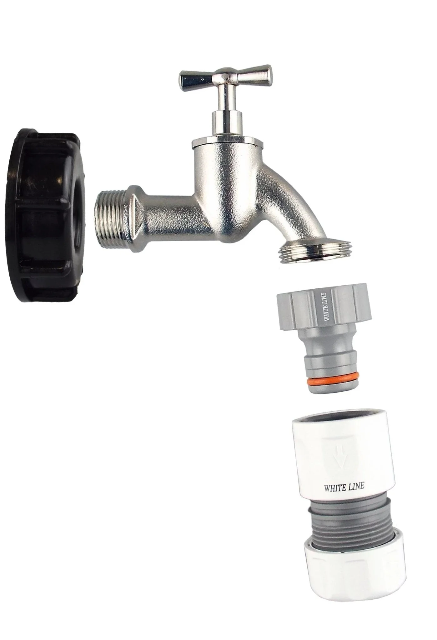 IBC 2” S60X6 Cap with Bib Tap and Max Flo Hose Connectors Set - Image 3