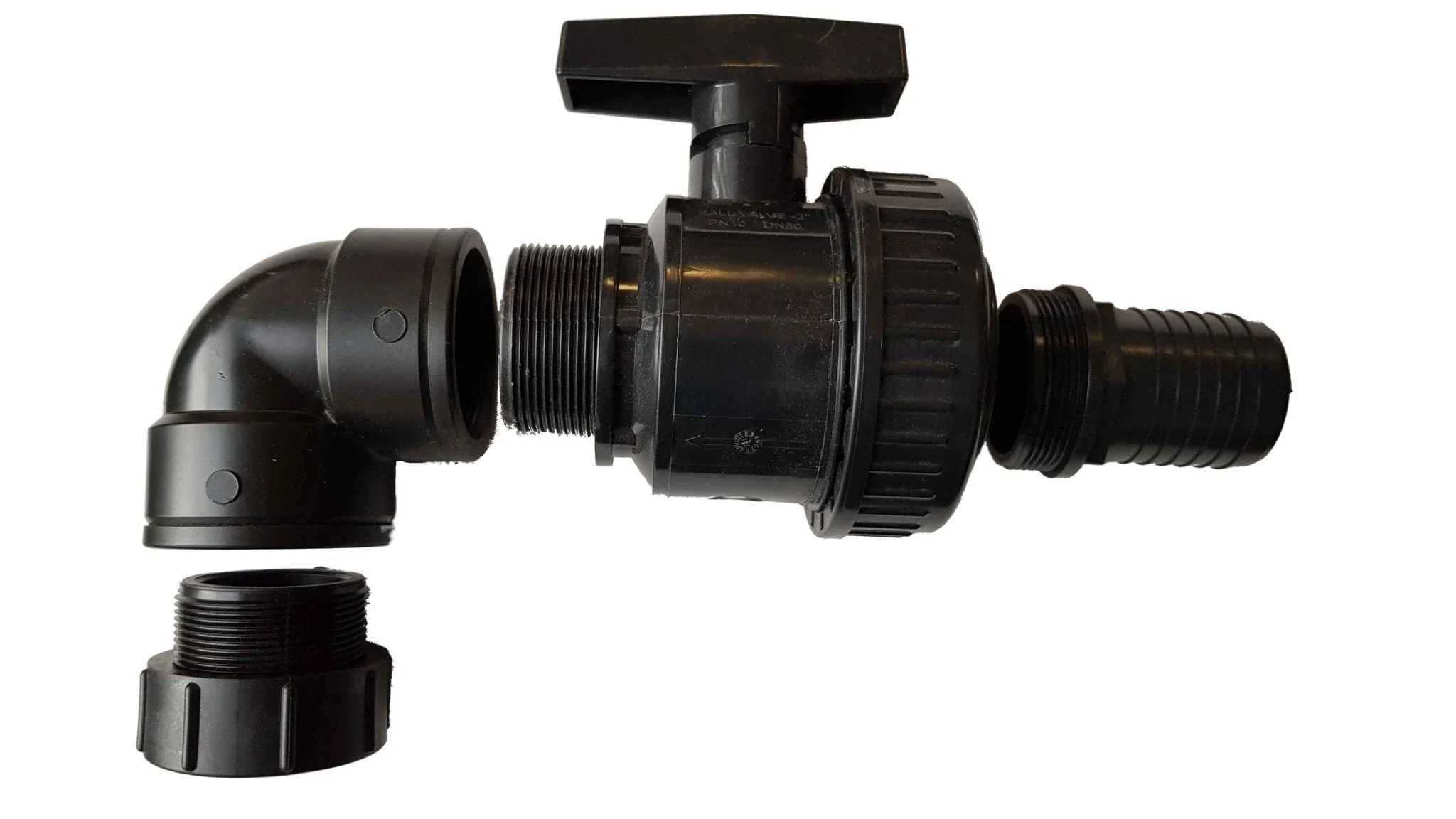 IBC 2” S60X6 Cap with Large Plastic Valve, 2” BSP Elbow and 50mm Barb Straight - Image 10