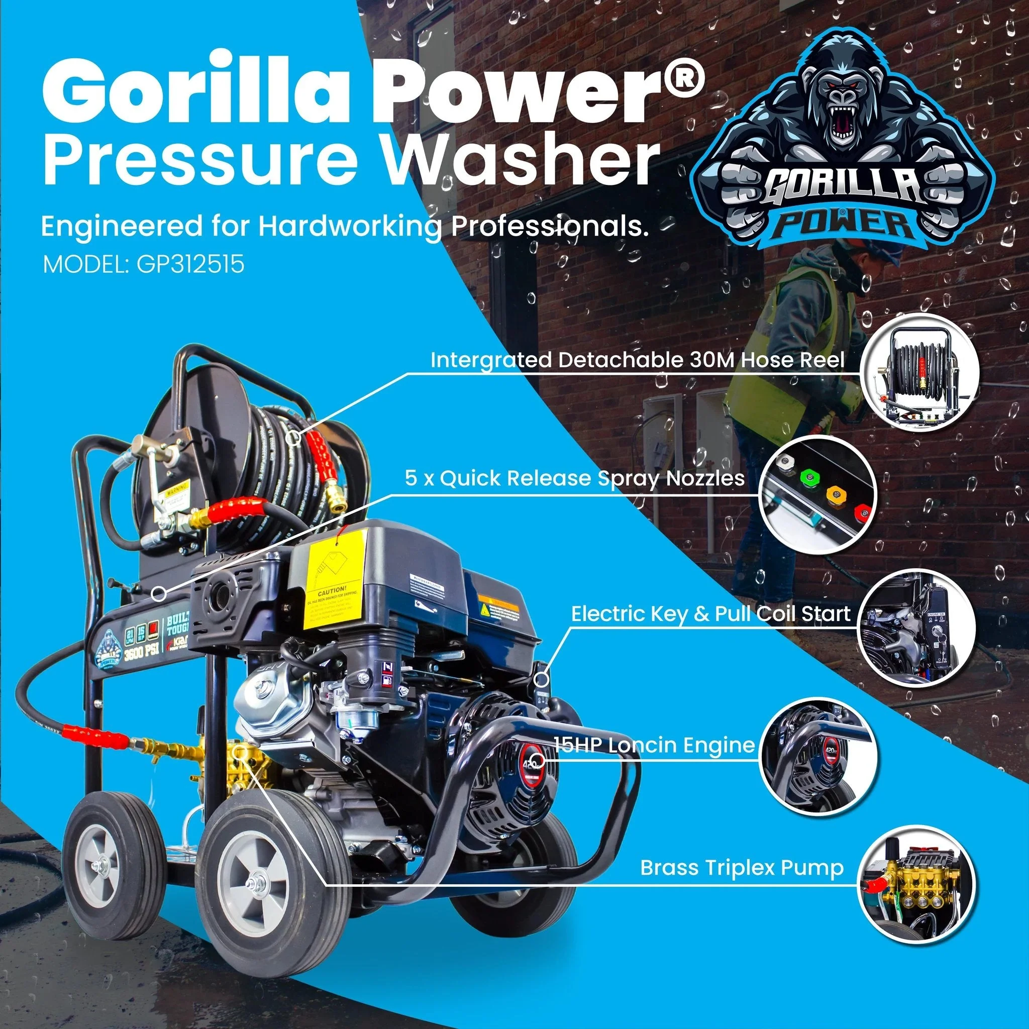 Kiam GORILLA POWER® 3100PSI 25LPM 15HP Petrol Pressure Washer Loncin Engine - Image 2