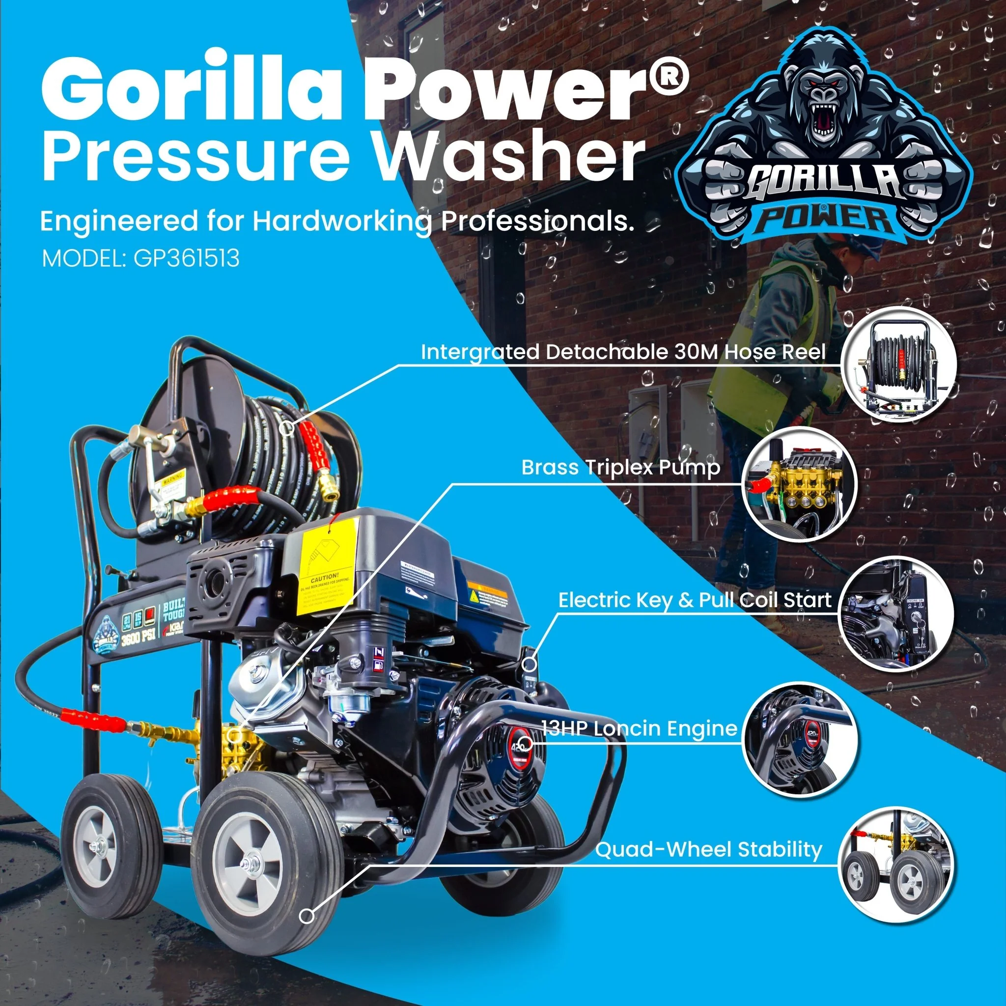 Kiam GORILLA POWER® 3600PSI 15LPM 13HP Petrol Pressure Washer Loncin Engine - Image 2
