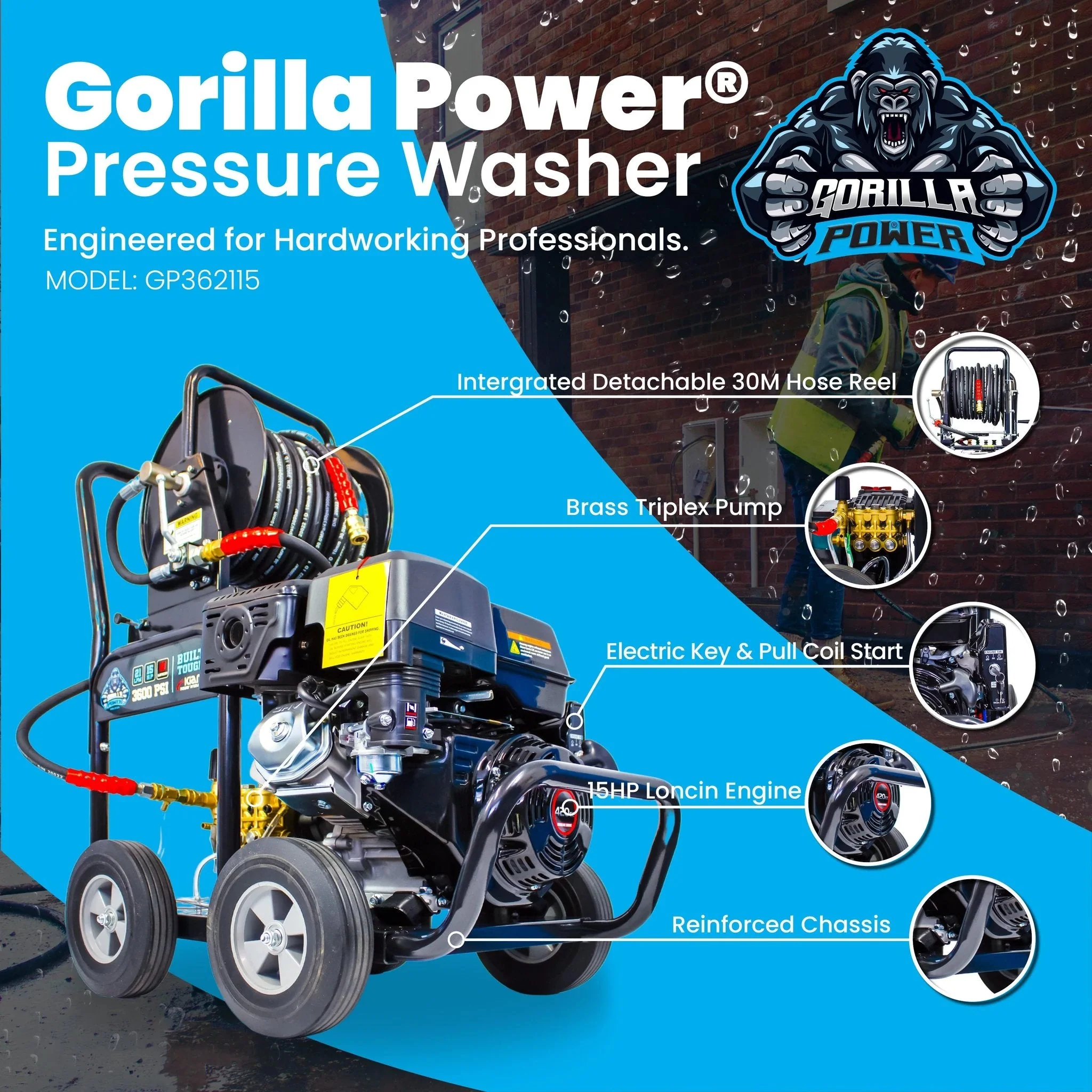 Kiam GORILLA POWER® 3600PSI 21LPM 15HP Petrol Pressure Washer Loncin Engine - Image 2