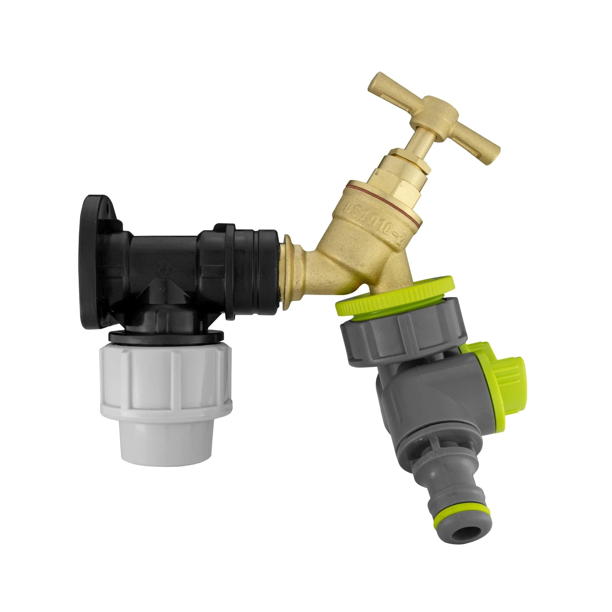 Wall Flange Kit 25mm MDPE + Brass Bib Tap + Lime Two Way Tap Splitter - Image 2