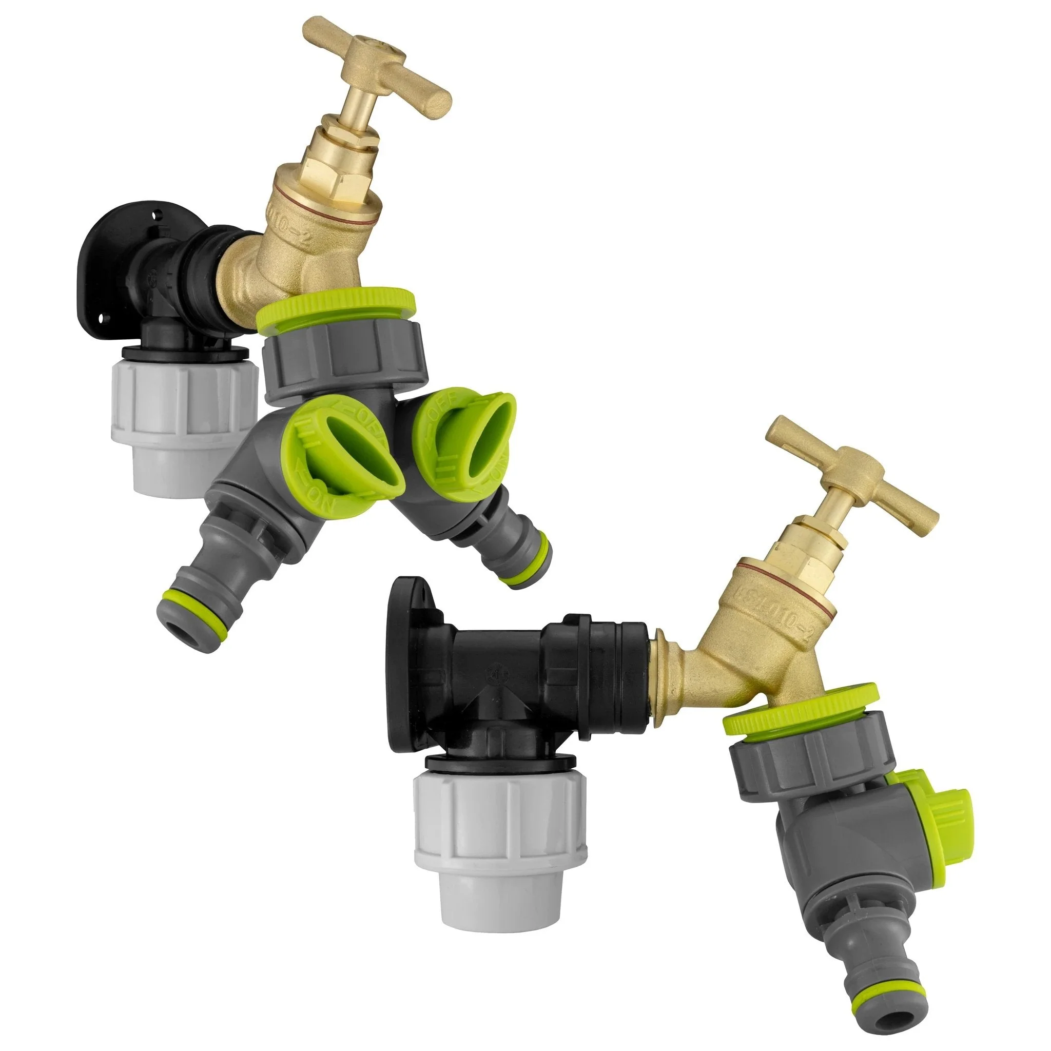 Wall Flange Kit 25mm MDPE + Brass Bib Tap + Lime Two Way Tap Splitter - Image 3