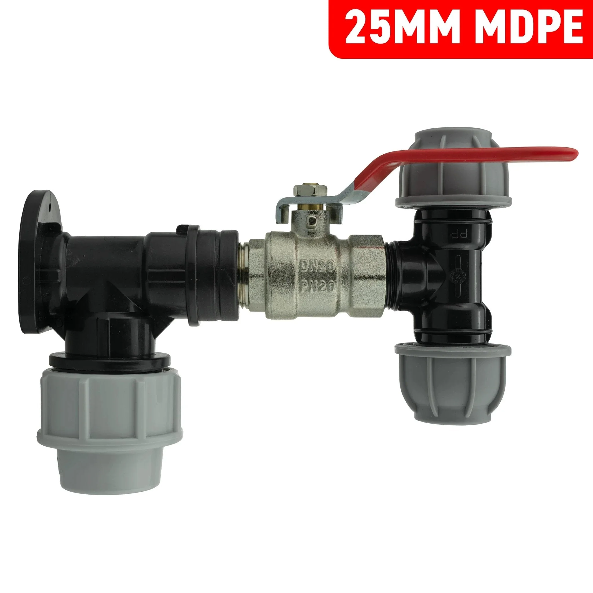 Wall Flange Kit 25mm MDPE + Lever Valve + 20mm MDPE Tee - Image 3