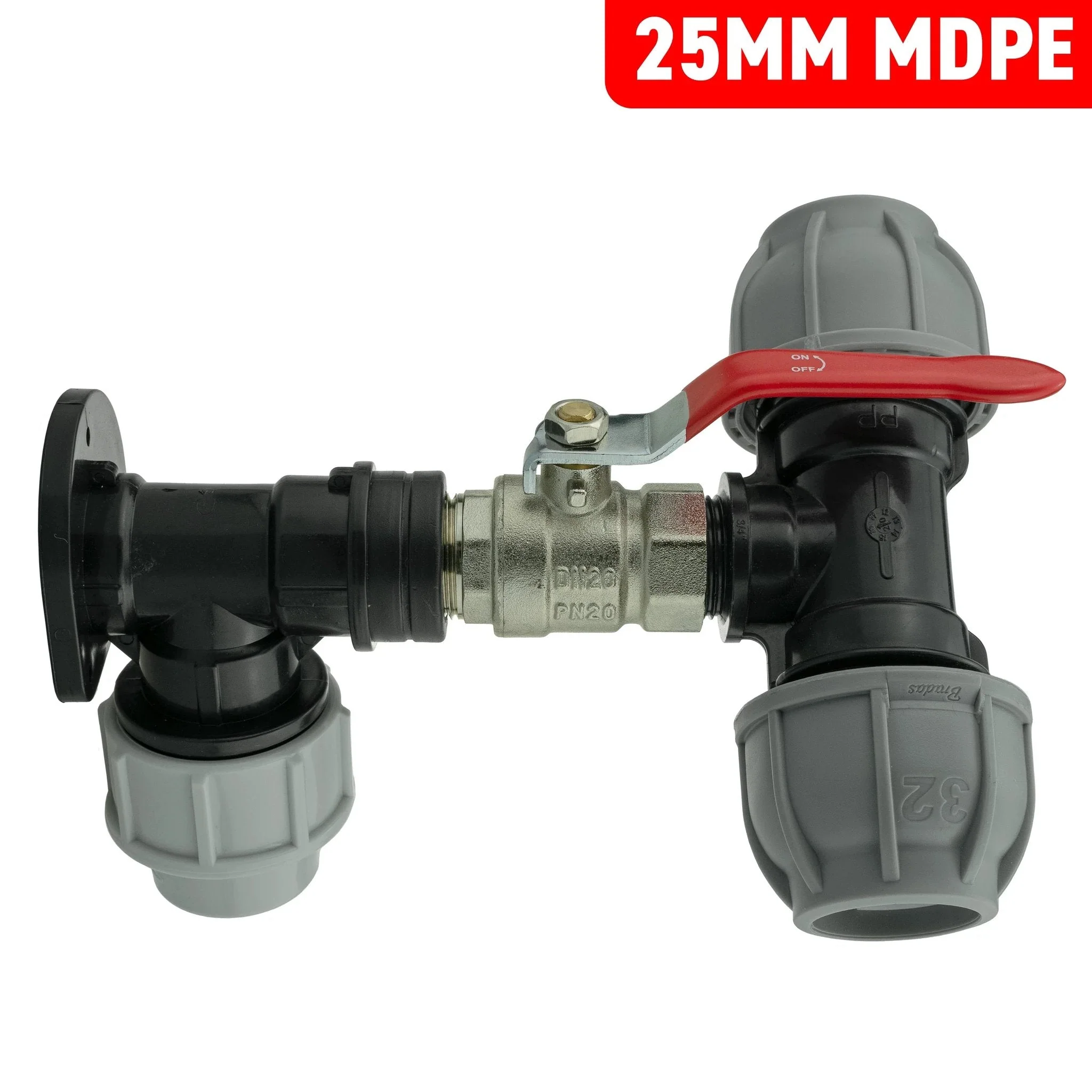 Wall Flange Kit 25mm MDPE + Lever Valve + 32mm MDPE Tee - Image 5