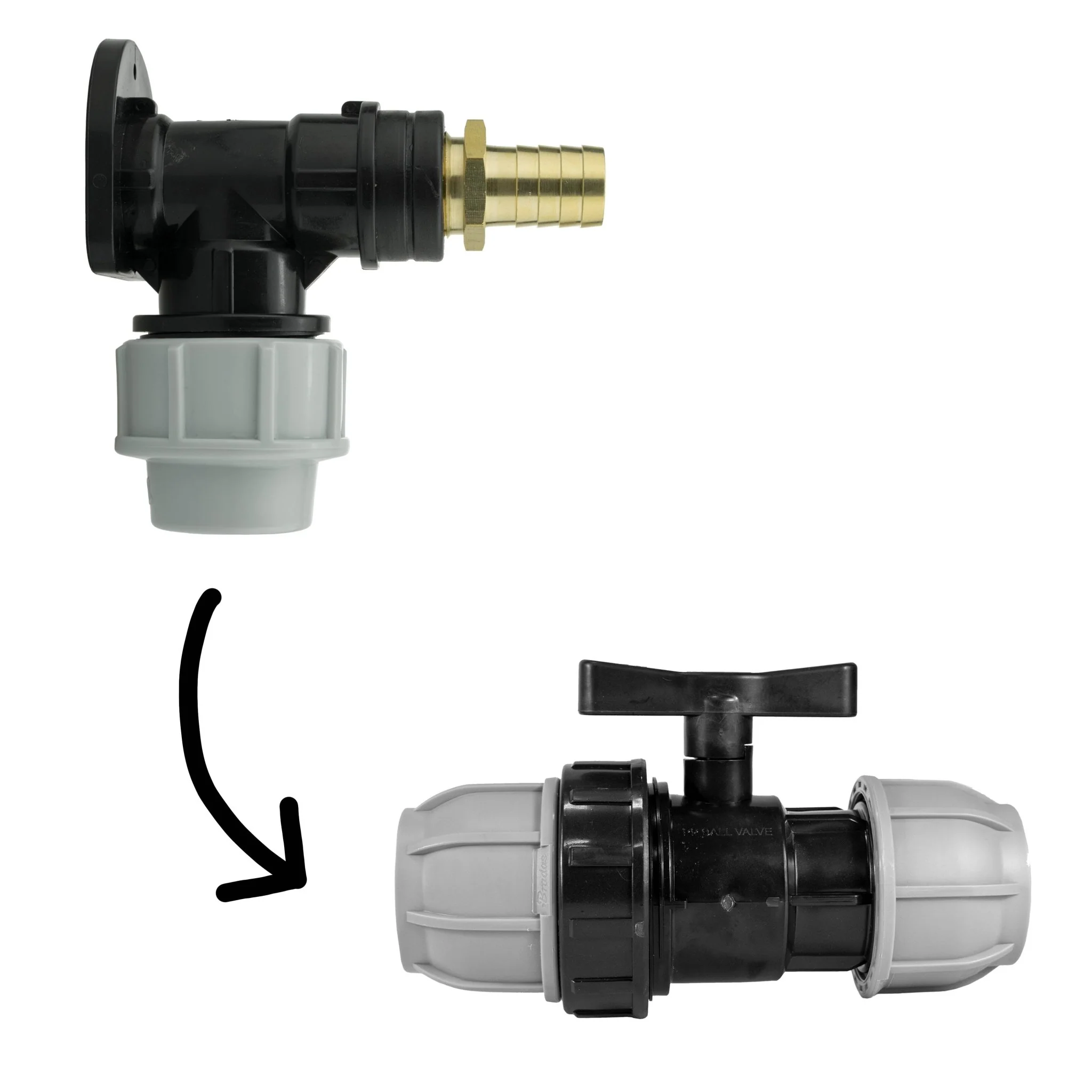 Wall Flange Kit 32mm MDPE + 32mm MDPE Valve + 19mm Brass Barb