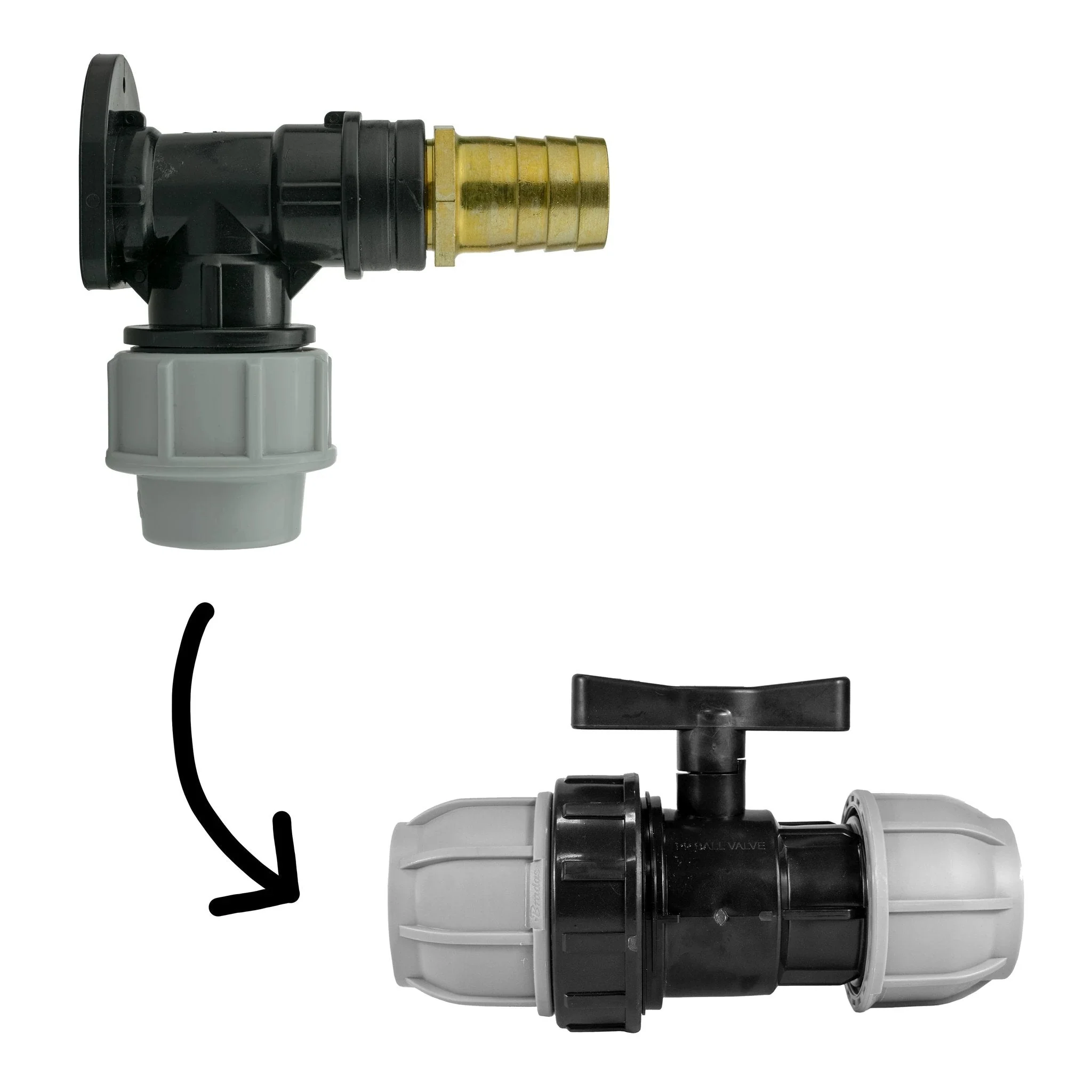 Wall Flange Kit 32mm MDPE + 32mm MDPE Valve + 25mm Brass Barb