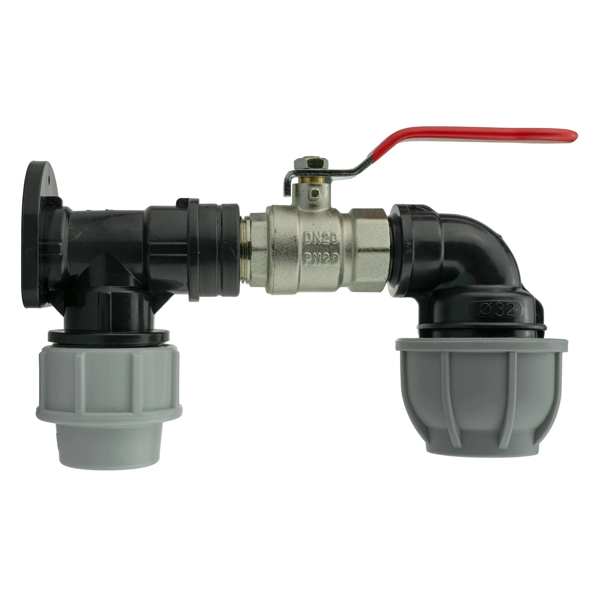 Wall Flange Kit 32mm MDPE + Lever Valve + 32mm MDPE Elbow