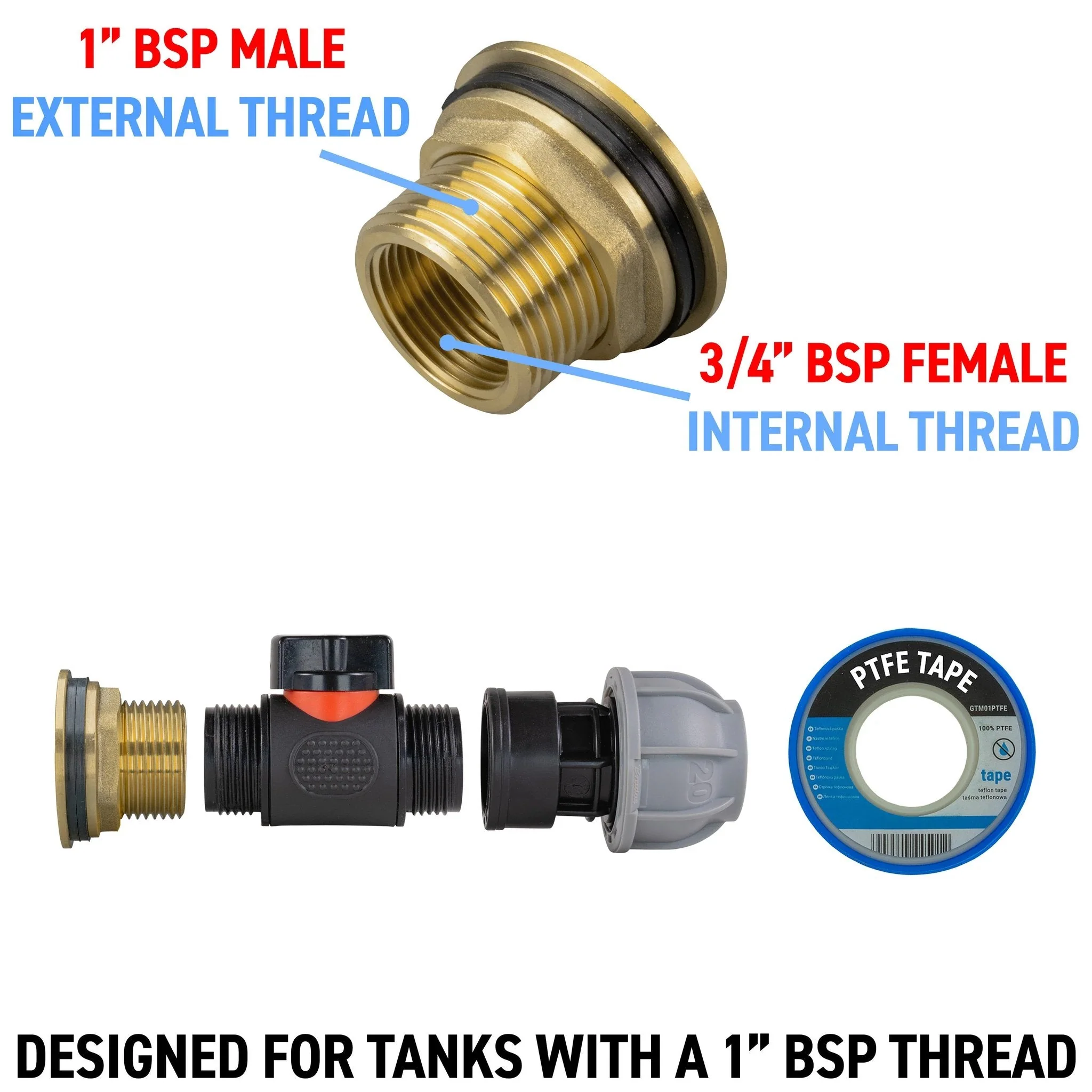 Water Butt Brass Kit 1" with In-Line Valve + 20mm MDPE and Drill Bit - Image 4